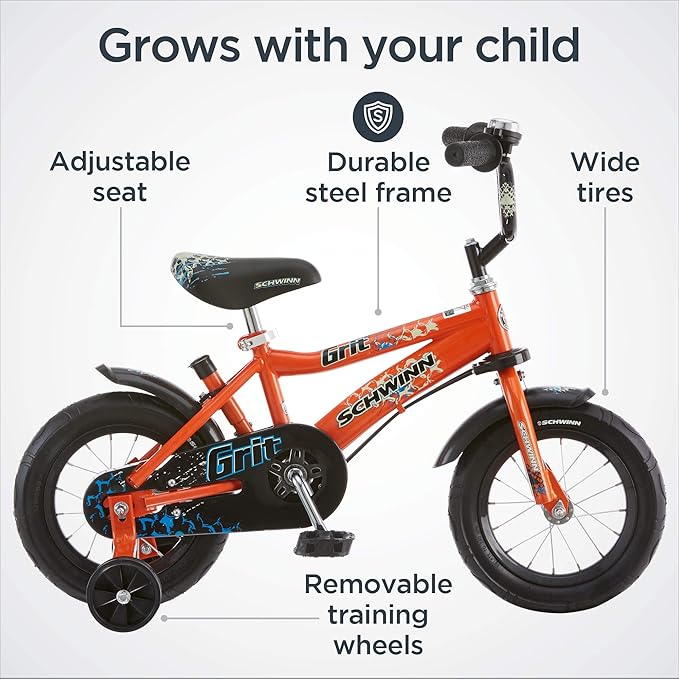 Schwinn Petunia and Grit Bike, 12 Inch Bike for Kids Ages 2-4, Orange, Teal, Pink or Blue, Steerable Beginner Bicycle with Training Wheels, Parent Push Handle, Rear Coaster Brake, Adjustable Seat