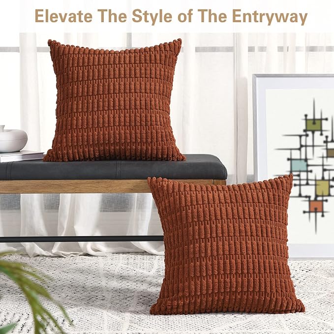 Volcanics Pack of 2 Fall Rust Decorative Throw Pillow Covers 18x18 Inch | Soft Corduroy Striped Square Cushion Cases, Modern Farmhouse Boho Home Decor for Couch Bed Sofa Living Room