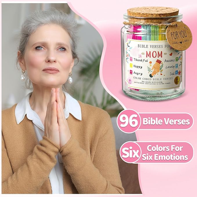 Bible Verse Jar for Mom, Bible Verses in A Jar for Emotional Support and Inspiration,Birthday & Mothers Day Gift for Mom,Christian Gift for Women, Prayer Cards With a Ribbon & Greeting Card
