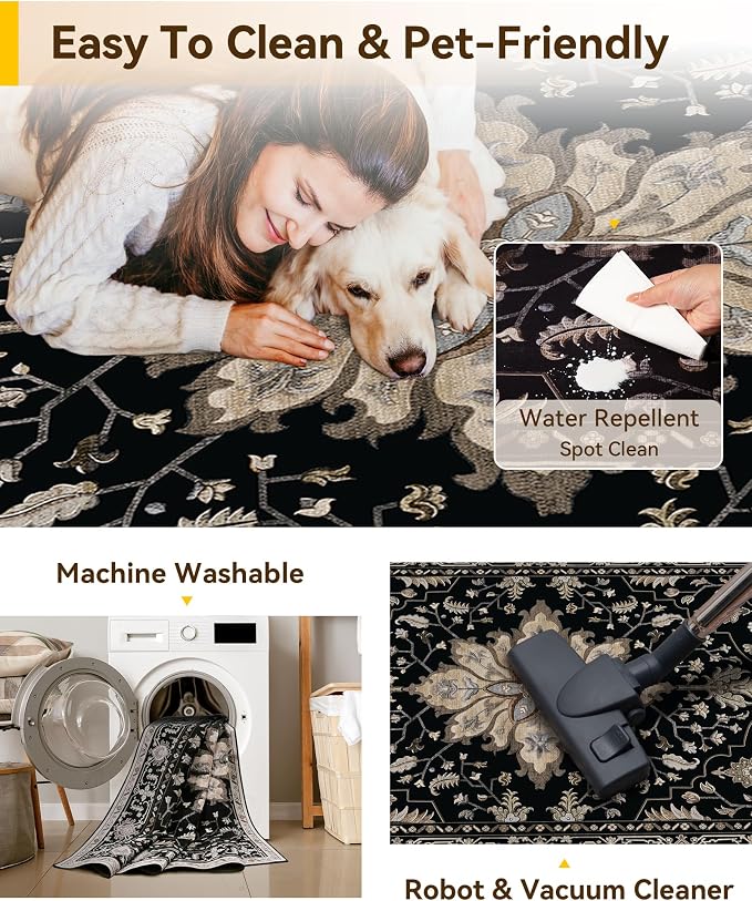 RELEANY Area Rugs Runner 2'6"x5' Washable Non-Slip, Floral Vintage Distress Medallion Carpet for Kitchen Hallway Bedroom Beside Laundry Room Bathroom, Black Brown Neutral Dark Tan