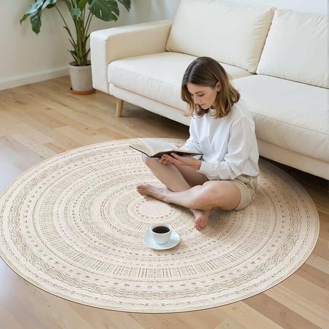 cotiled 5x5 Round Area Rugs Living Room Rug: Washable Boho Rugs with Non Slip Backing Large Soft Indoor Stain Resistant Carpet for Bedroom Farmhouse Dining Room Lightweight Home Decor Brown/Cream