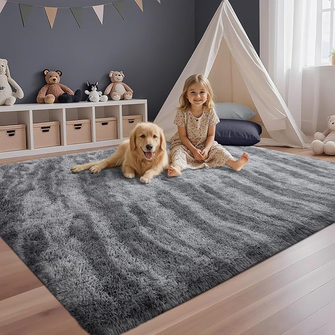 4x6 Feet Area Rugs for Bedroom, Zebra Grey Plush Fluffy Shaggy Living Room Rugs Non-Slip, Ultra Soft Carpet for Nursery Kids PlayRoom Dorm Office Indoor
