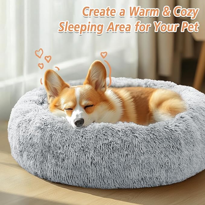 JOLLYVOGUE Calming Dog & Cat Bed for Small Dogs, Anti-Anxiety Donut Cuddler Cozy Soft Round Bed with Anti-Slip Bottom, Fluffy Faux Fur Plush Cushion Beds for Small Medium Dogs, 23"/Smoke Gray