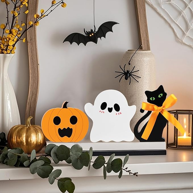 Cute Halloween Ghost Decor-Cute Halloween Tiered Tray Decorations Indoor, Ghost Wooden Decor Black Cat Pumpkin Blocks Signs (Set of 3) for Home Shelf Mantel Tabletop Windowsill Party