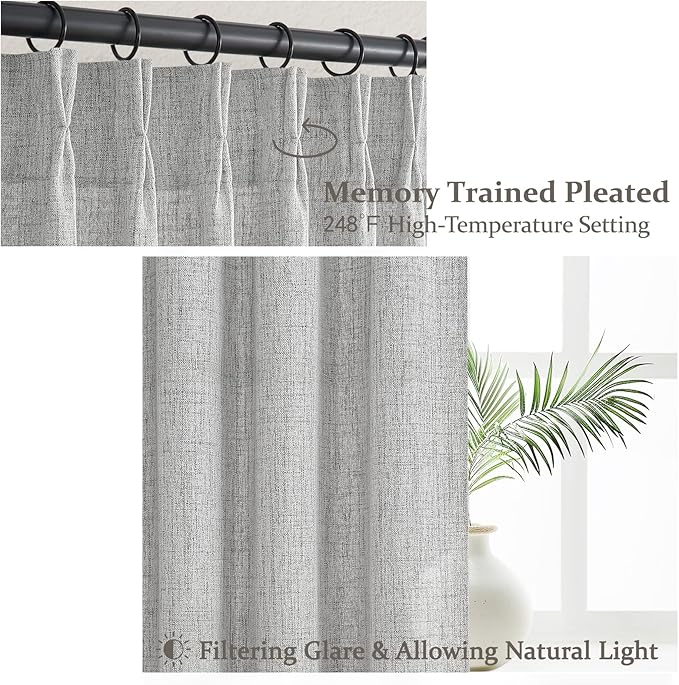 Light Grey Extra Long Floor to Ceiling Sheer Linen Curtains 108 Inches Long for Dining Room 2 Panels Set, Country Memory Trained Pinch Pleated Curtain 9 FT Length Office Luxury Viral Drapes with Hooks