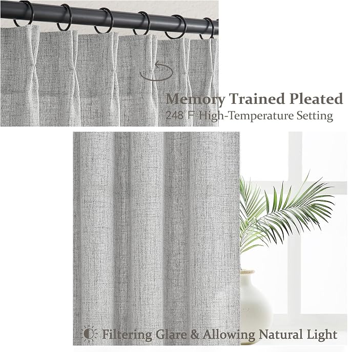 Natural Linen 100 Inch Light Grey Patio Curtains for Sliding Glass Doors, Memory Trained Pinch Pleated Light Filtering Semi Sheer Bedroom Neutral Windows Curtain 2 Panels Set Non See Through Drapes
