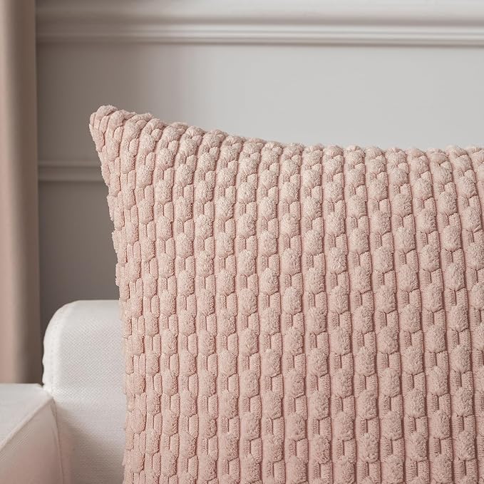Kevin Textile Soft Corduroy 14"x22" Lumbar Pillow Cover 1 Pack, Light Pink | Boho Stripe Plush Corduroy Decorative Oblong Cushion Cover Modern Farmhouse Home Decor for Sofa Couch Bed Chair