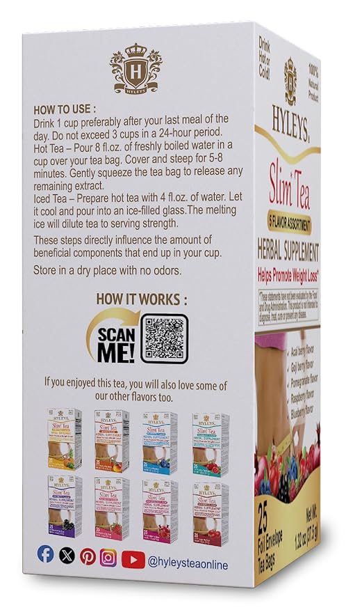 HYLEYS Slim Tea 5 Flavor Assortment - Weight Loss Herbal Supplement Cleanse and Detox - 25 Tea Bags (1 Pack) - Assorted Tea Variety Pack