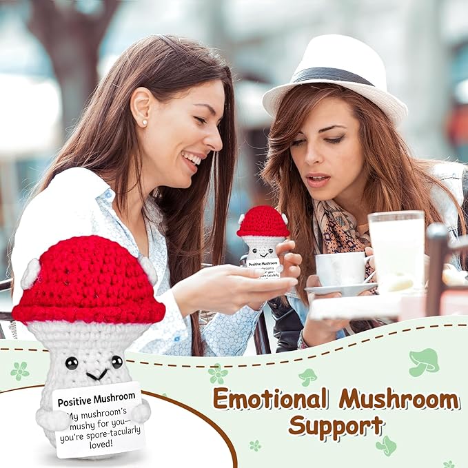 Emotional Support Crochet, Positive Crochet Mushroom, Encouragement Gifts for Women Men Birthday Christmas Self Care Friends Coworkers Relaxation Gift Desk Home Fall Decor Inspirational Support
