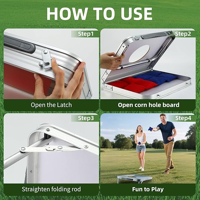 Portable Cornhole Board Set with Aluminum Alloy Edging,2x1.3ft Foldable Corn Hole Games for Adults and Family with 8 Bean Bags for Outdoor Backyard Travel Tailgate Camping