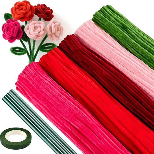 ASTARON 521 Pcs Pipe Cleaners Craft Set, 5 Colors Pipe Cleaners Bulk Pastel Chenille Stems for Craft Pipe Cleaner Flowers Making Kit with Floral Wires, Gardening Tape (Red Pink Series)