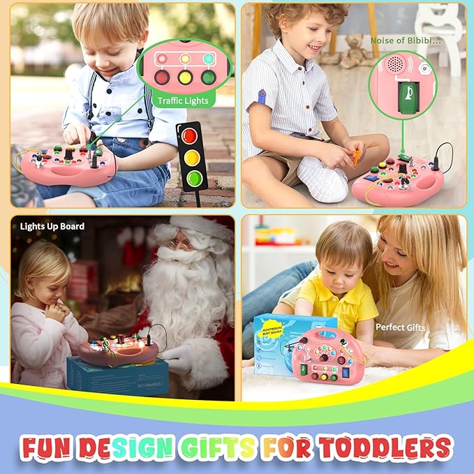 Toddler Busy Board with Led Light Switch, Travel Sensory Board Montessori Toddlers Toys 1-2 Year Old, Baby Educational Activities Travel Essential Toys Ideal Christmas & Birthday Gift (Pink)