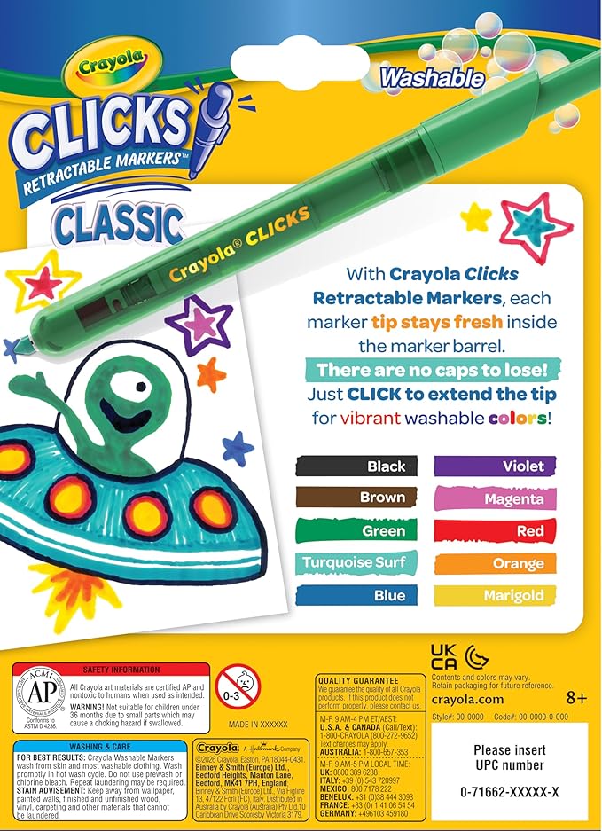 Crayola Clicks Retractable Tip Markers (10ct), Stocking Stuffers for Kids & Toddlers, Cone Tip Washable Art Marker Set, Coloring Book Supplies, No Dry, 3+ (Pack of 2)
