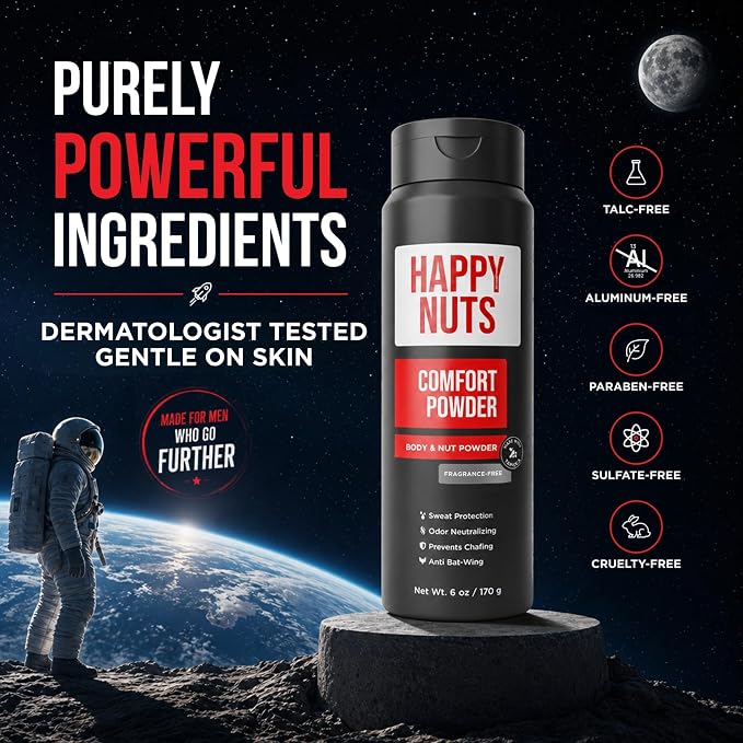 HAPPY NUTS Comfort Powder Deodorant For Men: Anti-Chafing, Sweat and Odor Control for Jock Itch, Aluminum-Free, 6 oz (2 Pack), Fragrance-Free