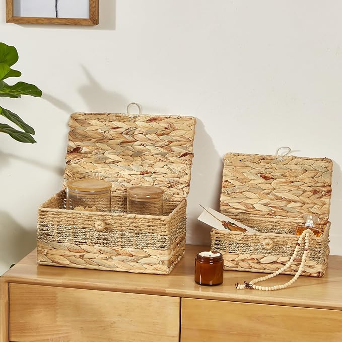 2PCS Wicker Storage Baskets with Lids Decorative Rattan Boxes | Handmade Natural Boho Woven Bins, Water Hyacinth Seagrass Paper Rope, Memory Keepsake Photo Makeup Container, Shelf Organizer