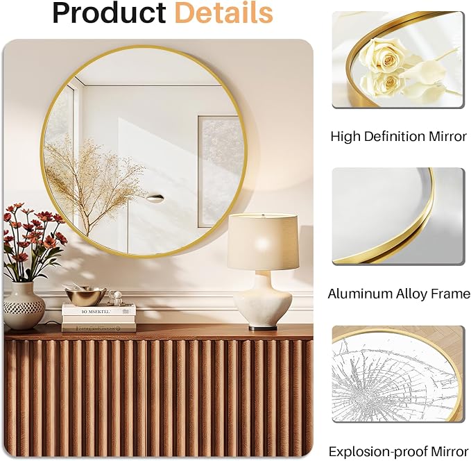 24 Inch Round Bathroom Mirror for Wall, Matte Gold Metal Framed | Circle Vanity Mirror for Bathroom Bedroom Living Room Entryway, Anti-Rust, Tempered Glass, Hanging or Leaning
