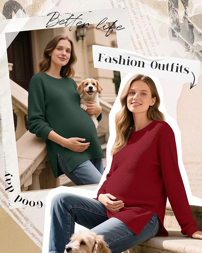 3 Pack Women's Maternity Shirts Long Sleeve Waffle Knit Side Split Oversized Tops Pregnancy Clothes Fall Tees