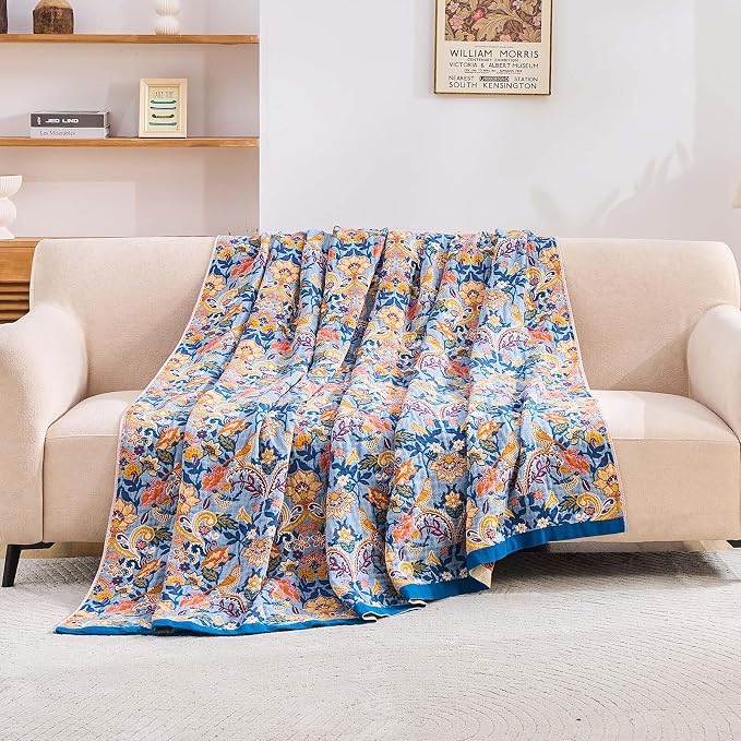 XIBLC Boho Throw Blanket for Bed, 100% Cotton Soft Rustic Quilt Fall Blanket, 80"x90" Floral Printed Farmhouse Decor Bed Blankets, All Season Rustic Reversible Bohemian Throw Quilt
