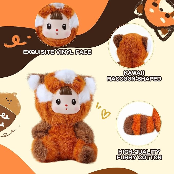 Plush Figure Toys, Plush Toys with Vinyl Face Brown Raccoon Shaped for Girls Boys Kids Lovers, Kawaii Cute Vinyl Stuffed Animals Figurines Doll Gifts for Collectibles Home Decor Birthday Christmas