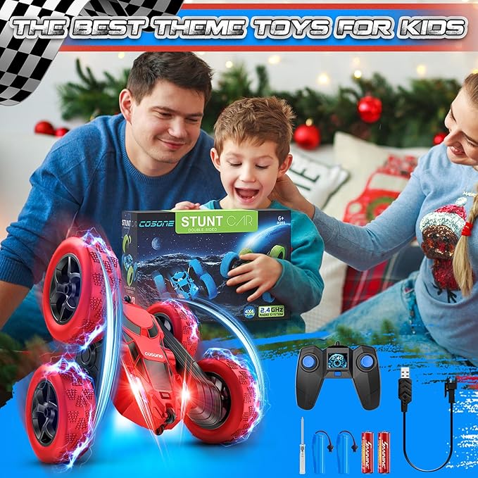 cosone Remote Control Car for Boys - Car Toy for Kids Age 6 7 8 9, 4WD 2.4Ghz Double Sided 360° Rotating RC Cars with Headlights, Christmas Birthday for Boys and Girls - Red