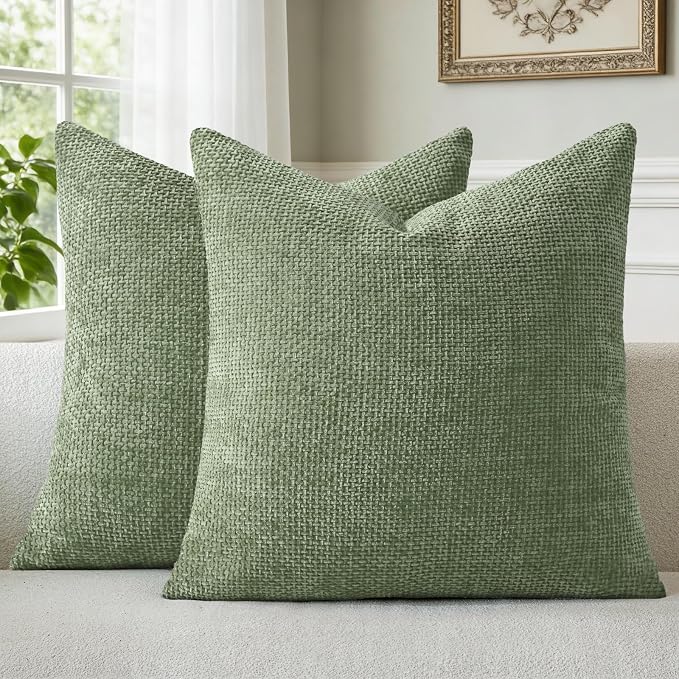 a moment Moss Green Chenille Throw Pillow Covers 24x24 Inch Pack of 2 Modern Decorative Throw Pillow Cases Farmhouse Cross Covers Home Decor for Sofa Bedroom Living Room
