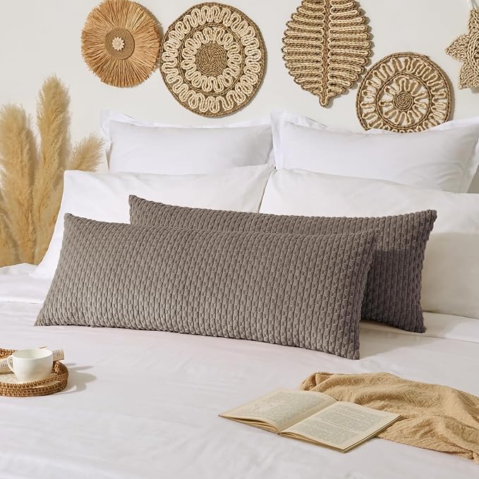 Kevin Textile Soft Corduroy 20"x54" Body Pillow Cover 1 Pack, Light Brown | Boho Stripe Plush Corduroy Decorative Oblong Cushion Cover Modern Farmhouse Home Decor for Sofa Couch Bed Chair