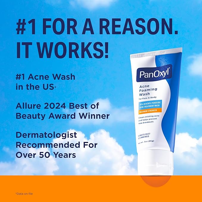 PanOxyl Acne Foaming Wash for face & body Benzoyl Peroxide 10% Maximum Strength Antimicrobial, 3 oz. - Travel Size