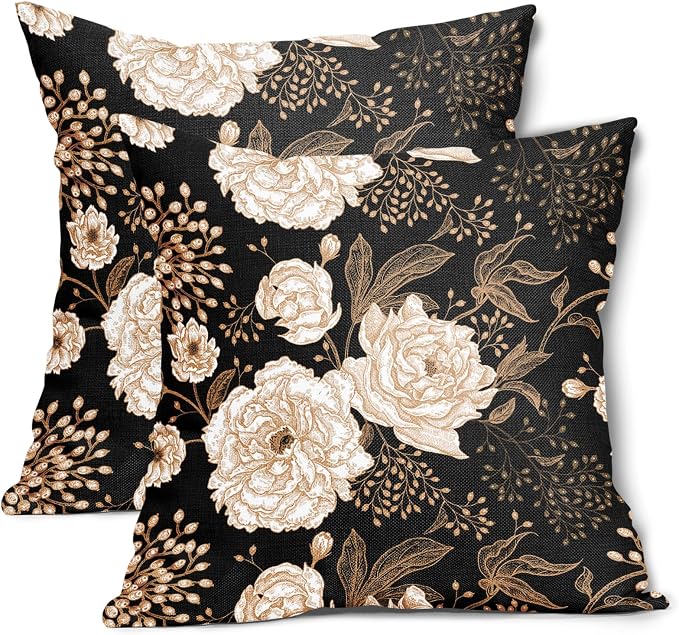 Vintage Peony Roses Floral Plant Pillow Covers 22X22 Inch Set of 2 Chinoiserie White Flower Leaves Decorative Pillow Cases Black Gold Cushion Case Vintage Home Decor for Sofa Couch Outdoor