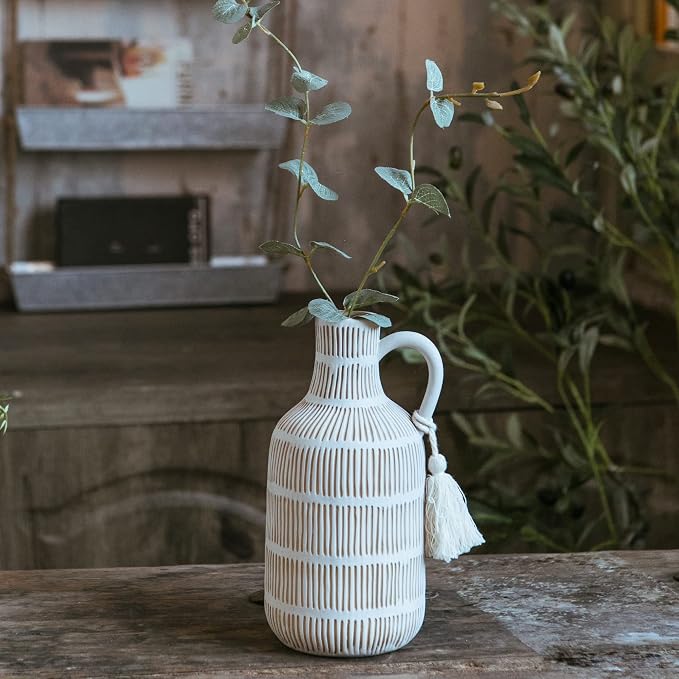 Mowtanco Farmhouse Vase with Handle and Tassel, Grey Yellow Vertical Stripes Design Clay Vase 10'' Tall - Ceramic Flower Vase for Rustic Home Decor, for Fireplace Kitchen Living Room Centerpieces