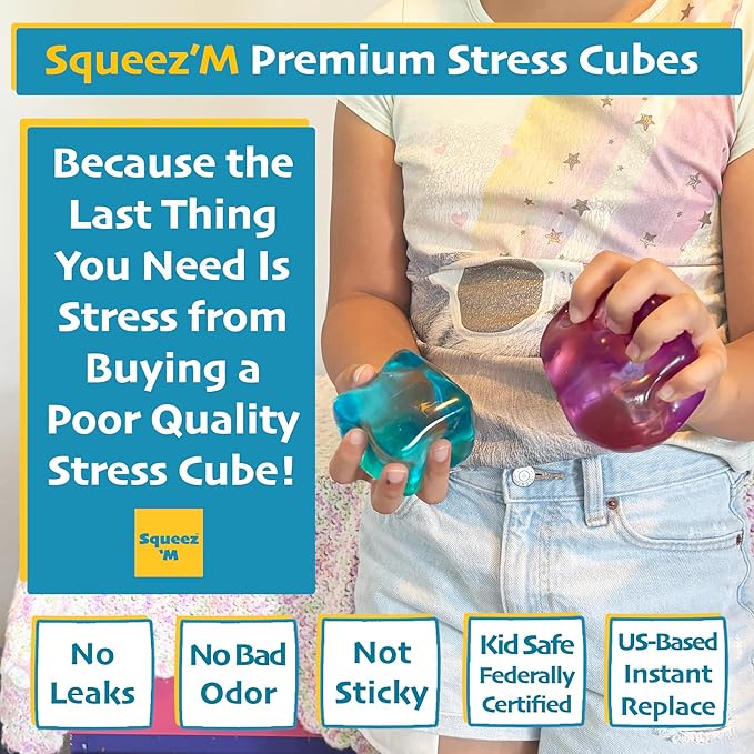Premium Big Block Squeez'M Cube – 35% Larger Squishy Toy for Kids & Adults– Giftable for Unique Holiday, Birthday & Office Gift – Focus & Fun – US Brand & Instant Replace Policy, 3+(Purple Cube)