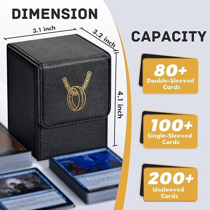 ZLCA Card Deck Box for MTG with 2 Dividers, Card Storage Box Fits 100+ Single Sleeved, PU Leather TCG Deck Case Holder for Magic Commander Yugioh (Black,Ring)