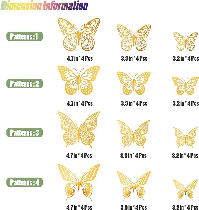SAOROPEB 3D Butterfly Wall Decor 48 Pcs Gold Butterfly Birthday Decorations | 4 Styles 3 Sizes, for Butterfly Birthday Decorations Butterfly Party Decorations Cake Decorations, Removable Stickers