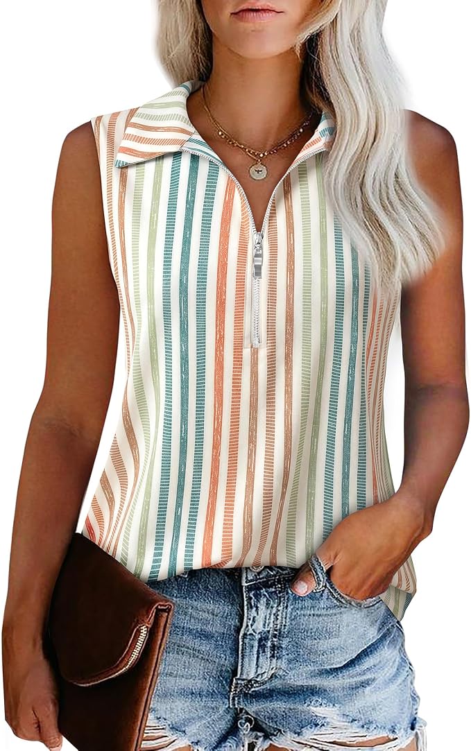 Vivilli Womens Ribbed Tank Top Zipper V Neck Dressy Casual Blouses Sleeveless Camisole Tops Work Tank Polo Shirts