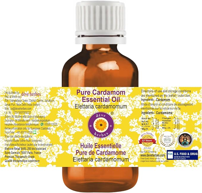 Deve Herbes Pure Cardamom Essential Oil (Elettaria cardamomum) Steam Distilled 2ml (0.06 oz)