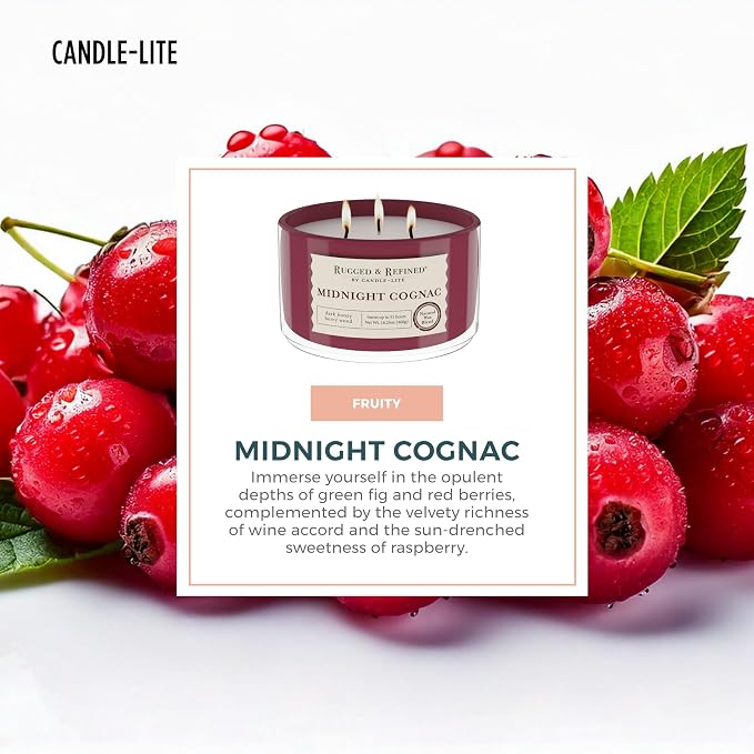 Candle-Lite Scented Candles for Men, Midnight Cognac Fragrance, 16.25 oz Jar, 3-Wick, 51 Hours of Burn Time, Masculine Aromatherapy with Long Lasting Scent, Ideal Gift for Father's Day and Home Decor