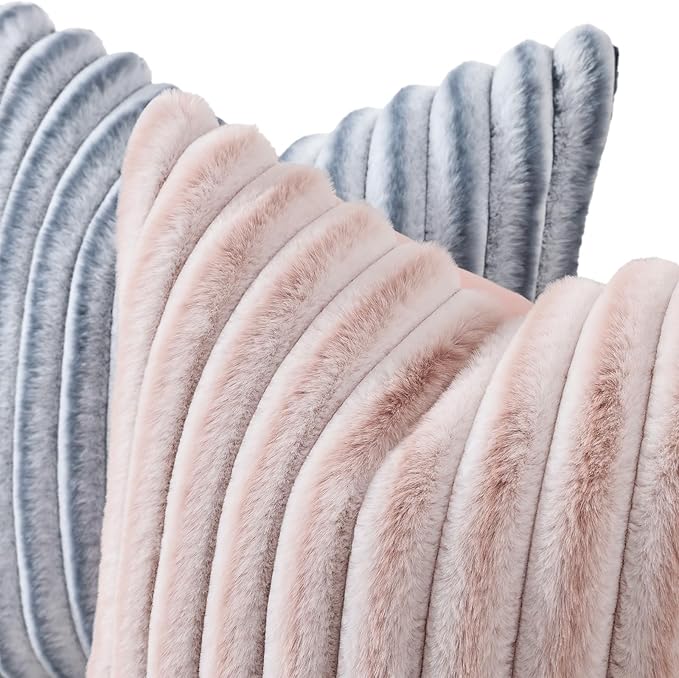 decorUhome Fall Faux Fur Throw Pillow Covers 18x18 Set of 2 Pink White | Decorative Soft Cozy Striped Plush Modern Farmhouse Boho Couch Pillow Cases Velvet Back for Sofa Bed Living Room Home Decor