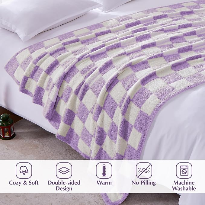 Soft Twin Size Checkered Blanket for Bed-Cozy Knitted Blankets | Lightweight Fluffy Warm Decor for Women, Mom, Her & Girls, Sofa, Chair, Couch, 60x80in,Purple