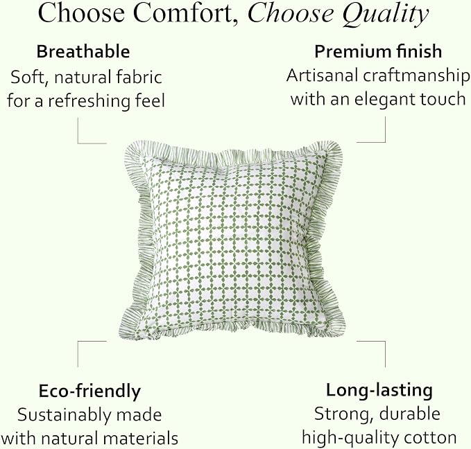CPC Kelly Green Hand Block Print 100% Cotton Ruffle Throw Pillow Cover 18x18 inch with Hidden Zipper Decorative for Couch, Bed, Sofa, Farmhouse, Cottagecore Decor Gift Christmas Fall Thanksgiving