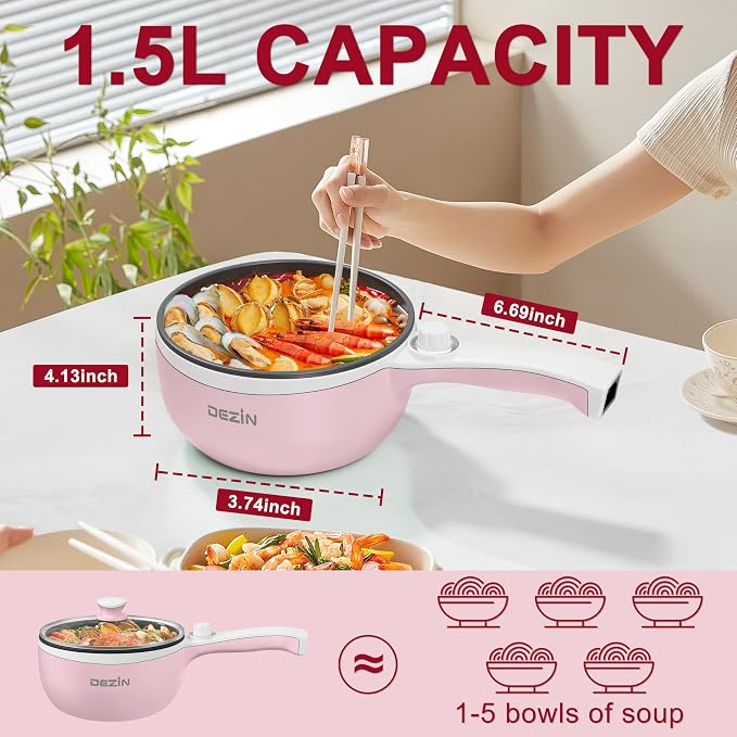 Dezin Electric Pot, 1.5L Non-Stick Portable Hot Pot Electric Upgraded, 700W | Dual Power, Electric Pot for Cooking Steak, Egg, Soup, Mini Ramen Cooker for Dorm, Travel, Camping, RV, Office, Pink Pan