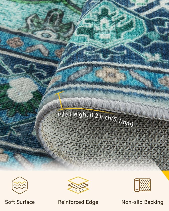 RELEANY Area Rugs Round 6ft Washable Non-Slip, Floral Vintage Distress Medallion Carpet for Living Room Bedroom Dining Room, Teal Green Lake Blue Turquoise