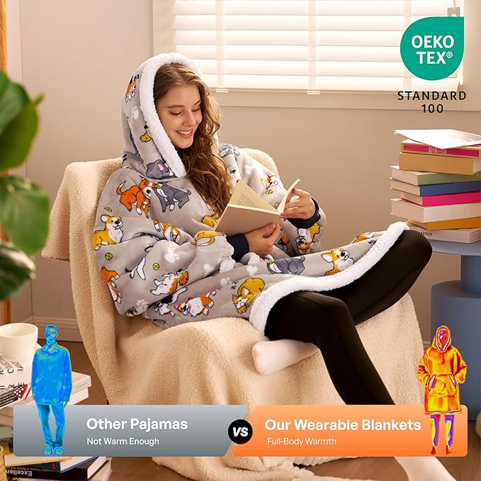 Giggling Getup Wearable Blanket Hoodie for Adults Gifts for Teen Girls Sister Women Sherpa Fleece Printed Hooded Blanket Sweatshirt Warm Cozy with Pocket & Sleeves Grey Dog