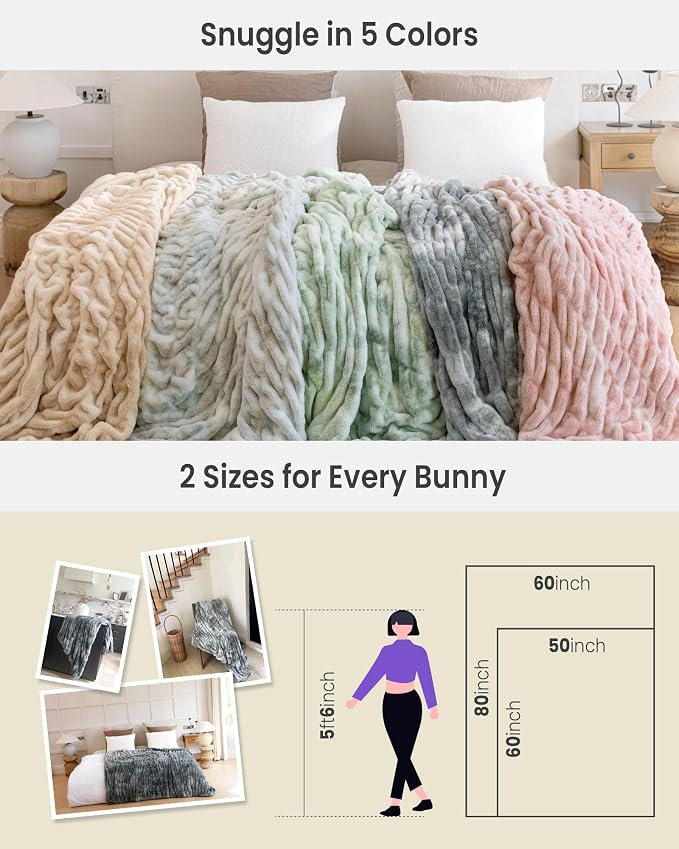 Ultra Soft Cozy Faux Fur Throw Blanket, Fuzzy Plush Thick Bubble Blanket, Luxury Fluffy Blanket for Couch, Sofa, Bedroom, and Living Room, 60x80 Inches,Tie-Dye Sage