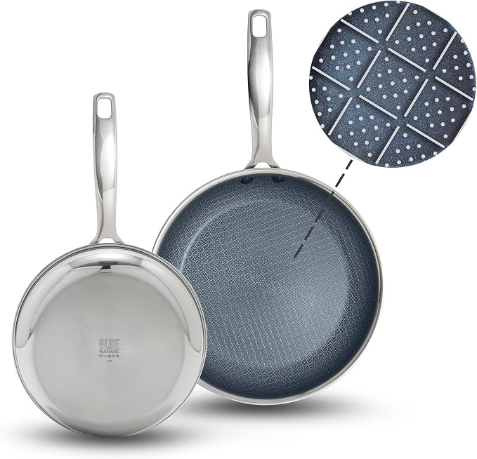 Blue Diamond Hybrid 2 Piece (8"&10") Stainless Steel Nonstick Fry Pan Set | PFAS-Free Ceramic Nonstick Skillets, Powerful Searing, Induction & All Cooktop Ready, Dishwasher and Oven Safe