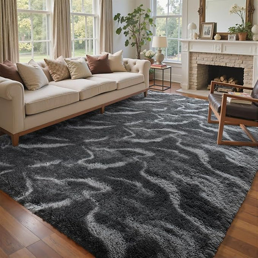 4x6 Ft Shag Rugs for Bedroom Living Room, Tie-Dyed Ultra Soft Fluffy Furry Area Rugs for Indoor Floor, Aesthetic Carpet for Kids Home Decor (Grey)
