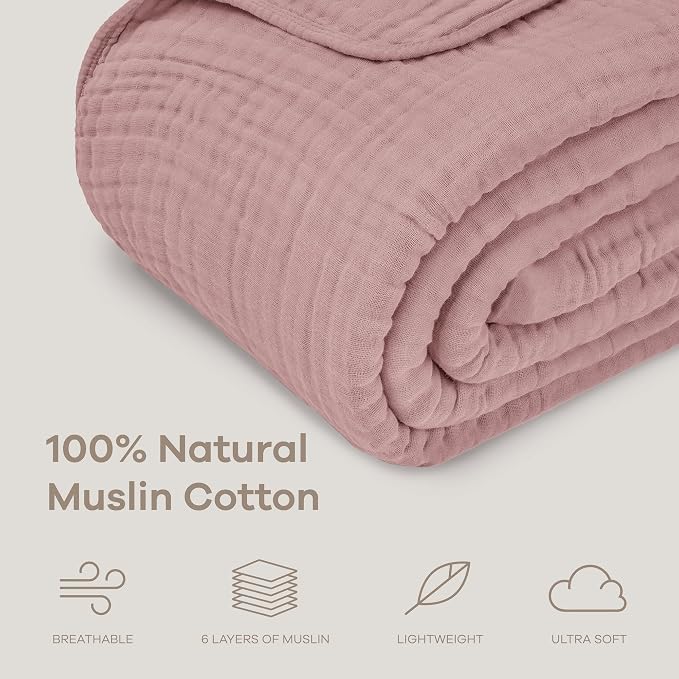 Comfy Cubs Adult Muslin Blanket 90x90” Queen Swaddle Blankets, Mauve | 6 Layer Soft, Breathable & Lightweight Muslin Adult Blanket - Machine Washable & Designed in the US Bedding for All Seasons