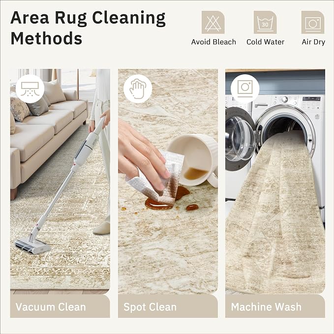 Soalmost 5x7 Area Rugs Beige/Ivory Washable Trendy Faded Style Floral Rugs | Vintage Non-Slip Indoor Accent for Bedroom Dining, Foldable Stain Resistant Floor Carpet Mat Under Table Home Office Decor