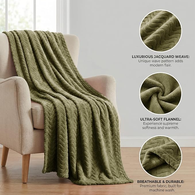 Exclusivo Mezcla Soft Fleece Blanket Queen Size for Bed, Sofa, Olive Green | 90"x90" Breathable Lightweight Flannel Blanket for Summer, Plush Cozy Jacquard Wave for Home Decor