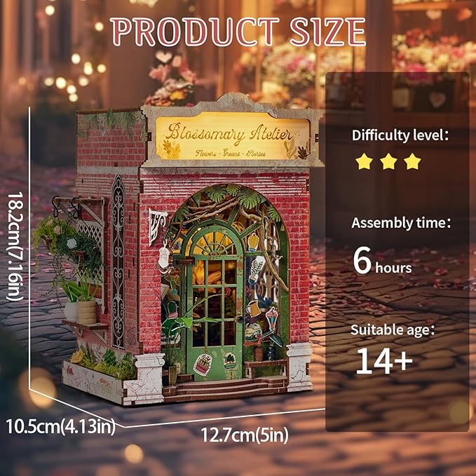 Foyucool DIY Book Nook Kit, Miniature Dollhouse Bookshelf Insert with Light, Laser-Cut Wooden Craft Set for Adults, Perfect for Teens and Adults, Blossomary Shop