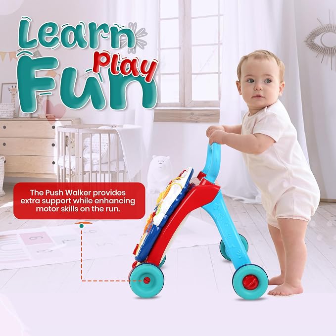 YOLAY 3-in-1 Baby Walker for 6–12 Months, Foldable Sit-to-Stand Learning Walker with Wheels, Detachable Activity Panel, Stable Handle, Includes Duracell AA Batteries, Boys & Girls (Blue)