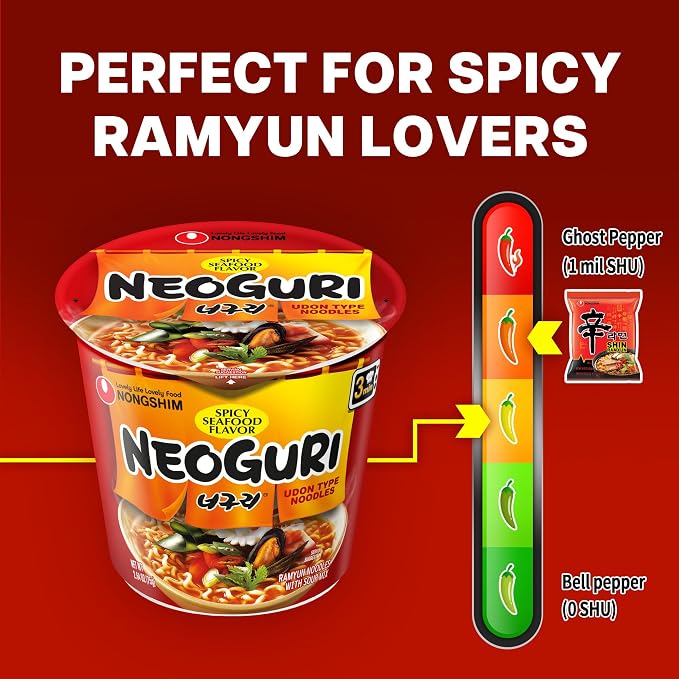 Nongshim Ramen Noodles, Gourmet Instant Ramen cup, Premium Microwavable Noodle Soup, Neoguri Spicy Seafood, 2.64 Ounce (Pack of 6)